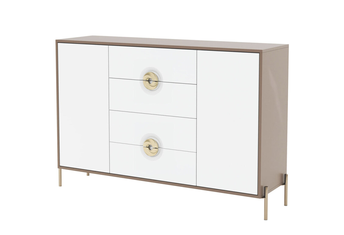 Комод Фуріоза 2-дверний з 4 шухлядами 140 см, Глиняний сірий, лак / Білий шовк