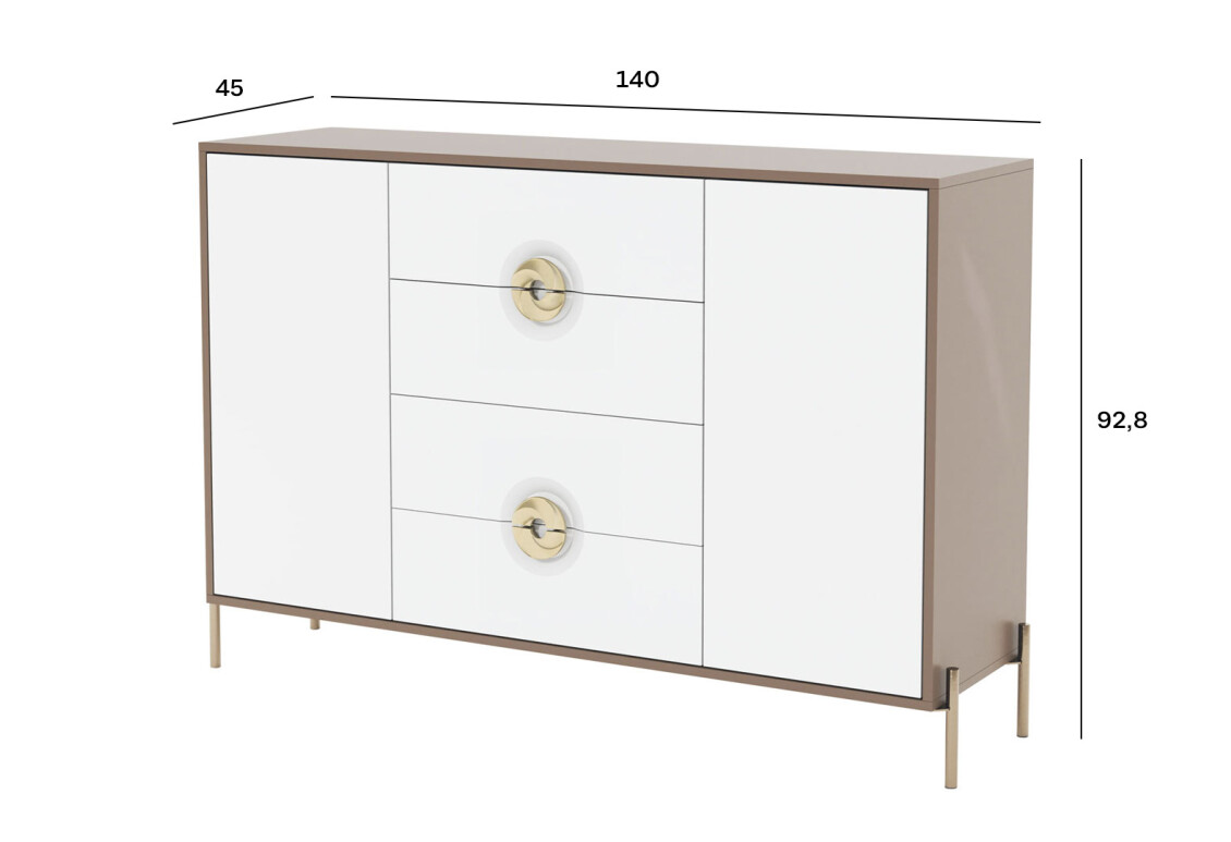 Комод Фуріоза 2-дверний з 4 шухлядами 140 см, Глиняний сірий, лак / Білий шовк 5
