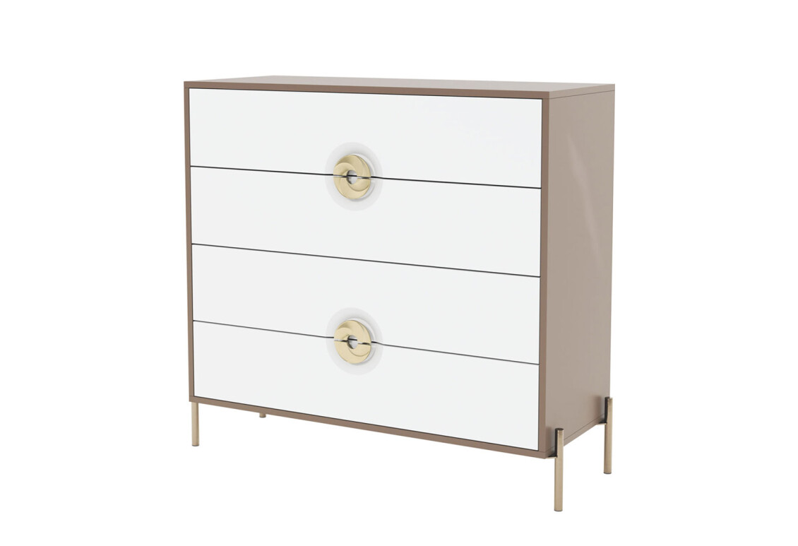 Комод Фуріоза з 4 шухлядами 100 см, Глиняний сірий, лак / Білий шовк
