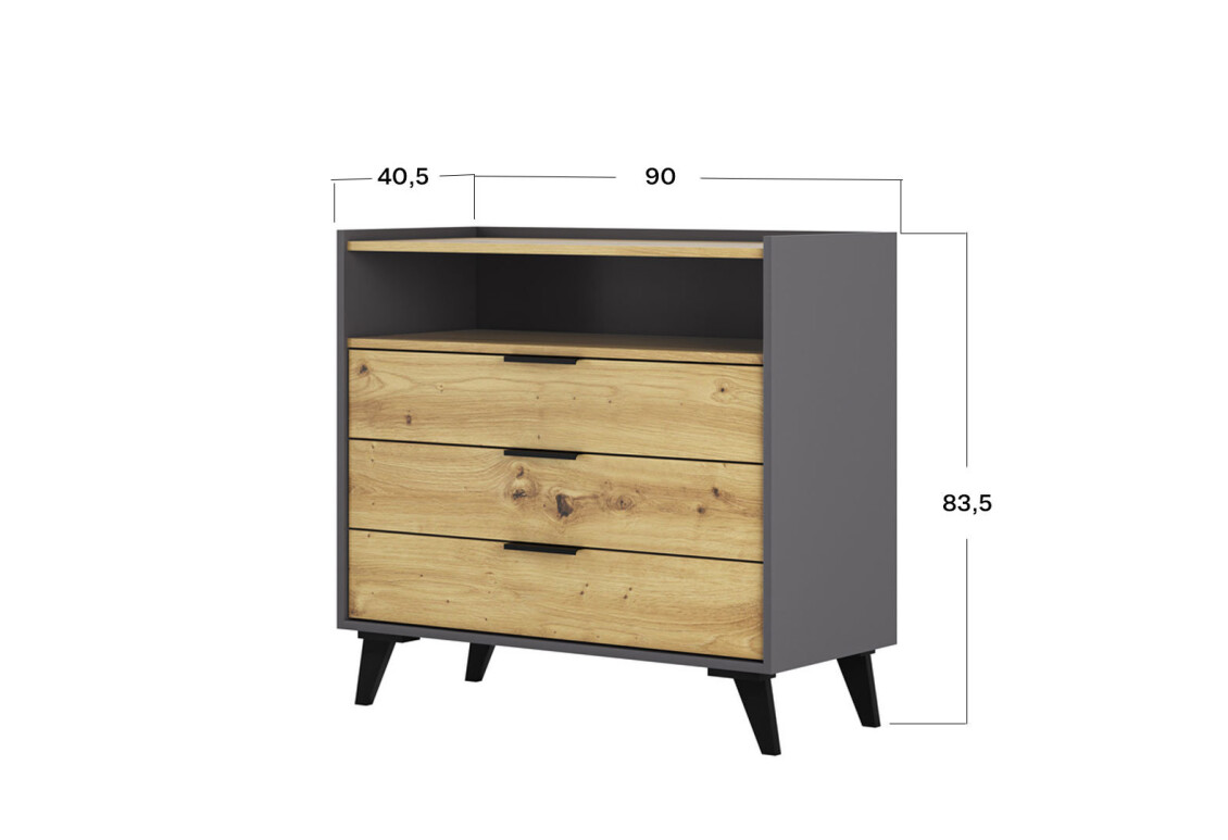 Комод Каміла з 3 шухлядами та полицею 90 см, дуб артизан, графіт / графіт 2