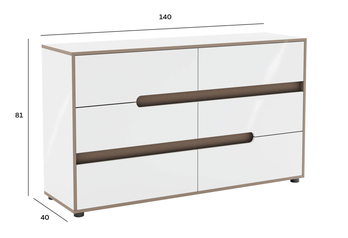 Комод Лінда з 6 шухлядами 140 см, Німфеа Альба, лак, вставки тоффі 3
