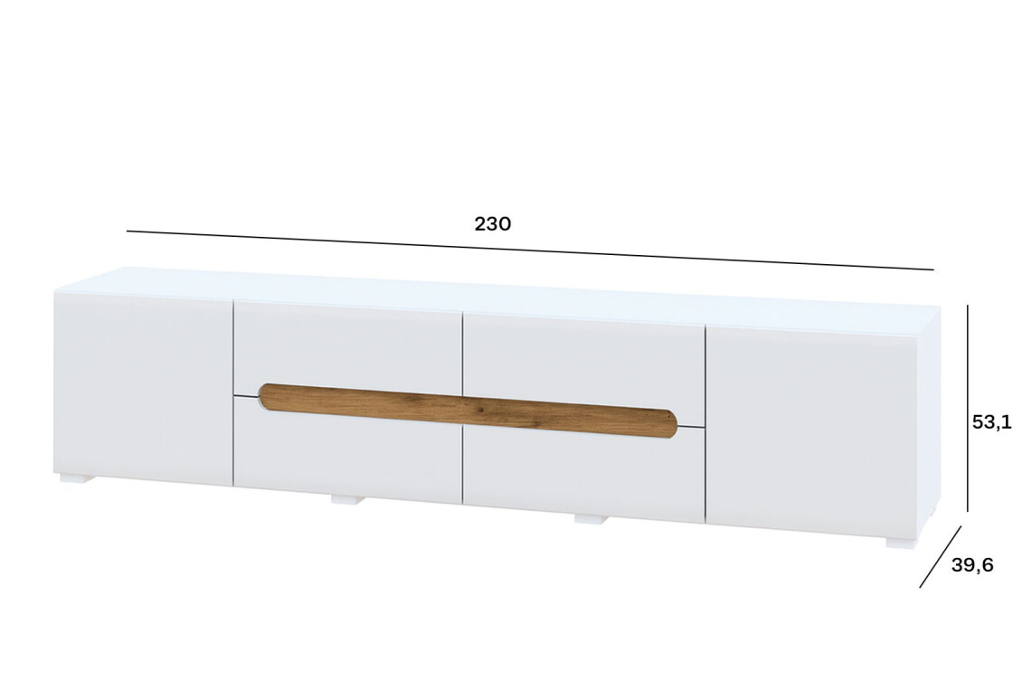 Тумба під ТВ Бянко з 2 дверцятами та шухлядами 230 см, Біла з вставкою дуб аппалачі 3